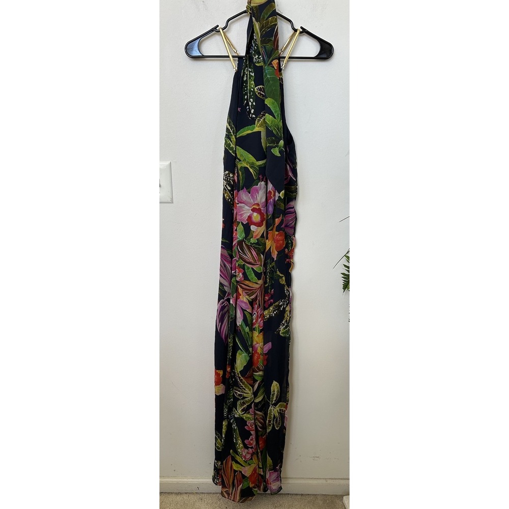 Trina Turk 100% Silk Jumpsuit M Tropical Floral Halter Gold Chain Wedding Guest - Picture 4 of 8